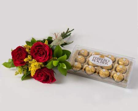 Bouquet de Rosas com Chocolate Com Ferrero Rocher Vermelhas Flores e Chocolates